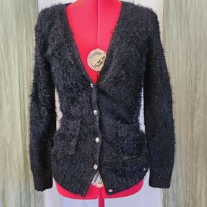 LOVE CRAZY Black Gold Metallic Fluffy‎ soft Button Up Long Sleeve Sweater Size M